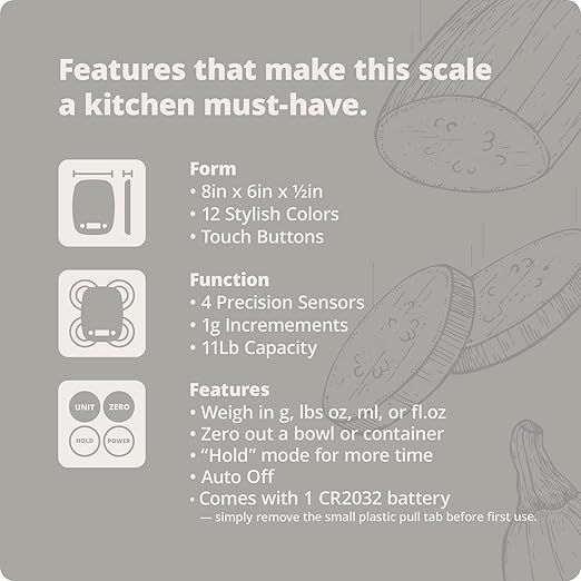 Greater Goods Slim Digital Kitchen Scale – Accurate BPA-Free Food Scale for Cooking, Baking, and Meal Prep, 11lb/5kg with 1 CR2032 Battery Included