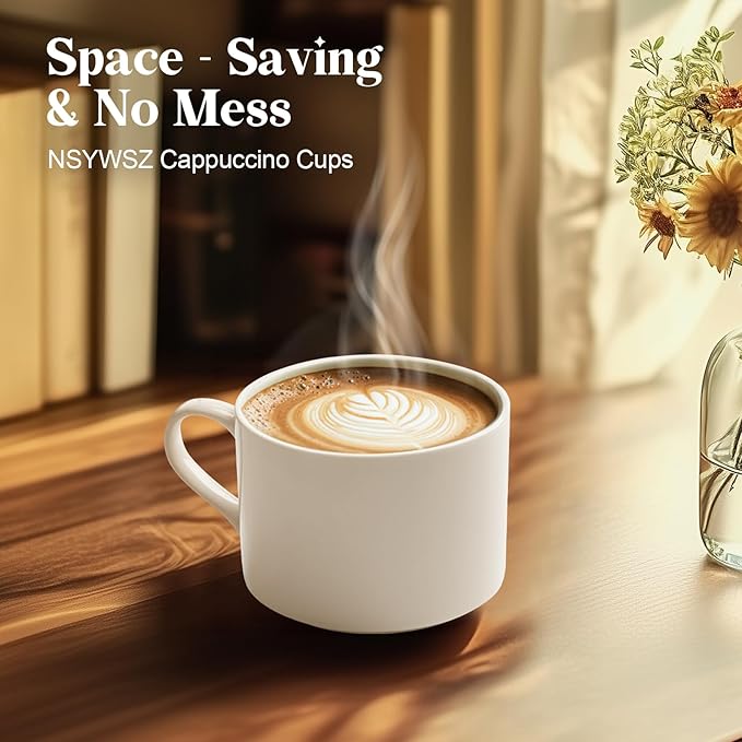 10 Ounce White Porcelain Stackable Cappuccino Cups with Stainless Steel Holder, Set of 4, Durable Ceramic, Perfect for Home, Office, or Gift