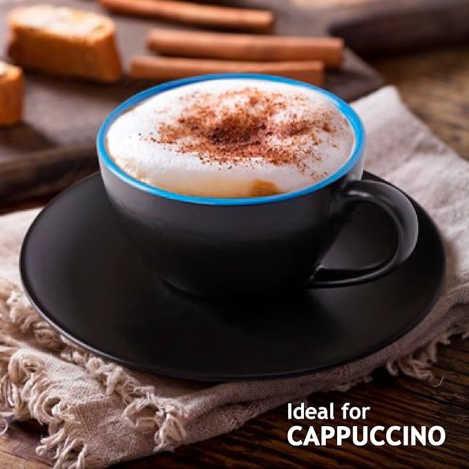 MIAMIO - Set of 6, Ceramic Stackable Cappuccino Cups Set / 6 Ounce Cappuccino Mugs and Saucer with Metal Stand for Coffee Drinks, Cafe, Latte, Americano and Tea - Le Papillon Collection (Blue)