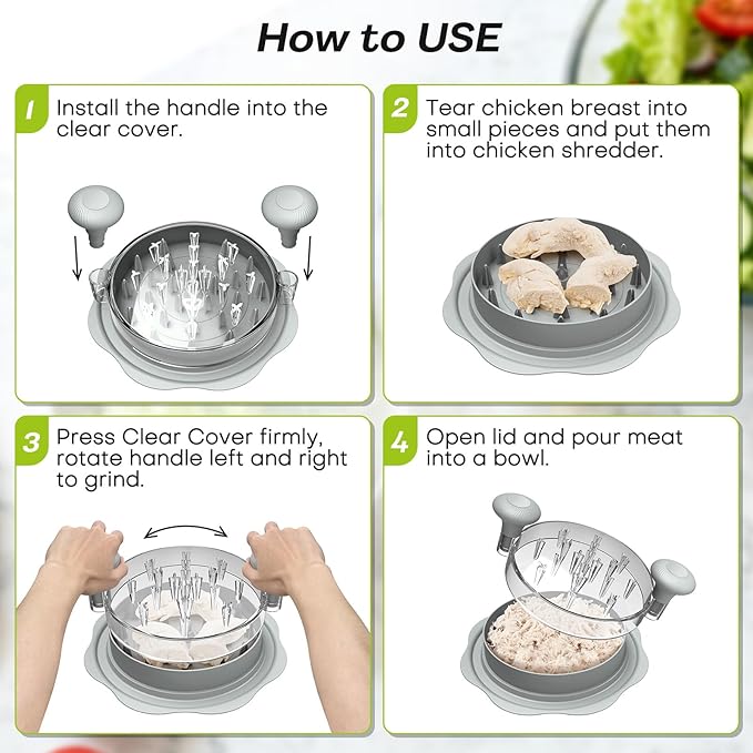 10'' Pro Chicken Shredder Tool Twist Large for Kitchen, BPA-Free Food-Safe Meat Grinder, Visible Chicken Breast Meat Shredder with Strong Anti-Slip Bottom & Ergonomic Handle, Gray