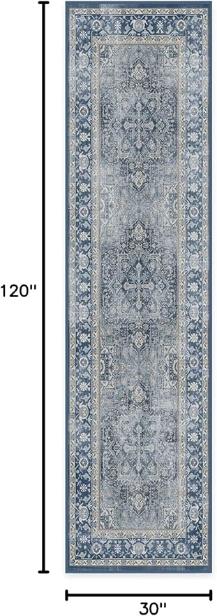 Ruggable Washable 2x10 Runner Rug, Kamran Admiral Blue, Premium Vintage Rugs for Hallway, Kitchen, Entryway, Living Room, Bedroom, Office with Gripper Non Slip Pad