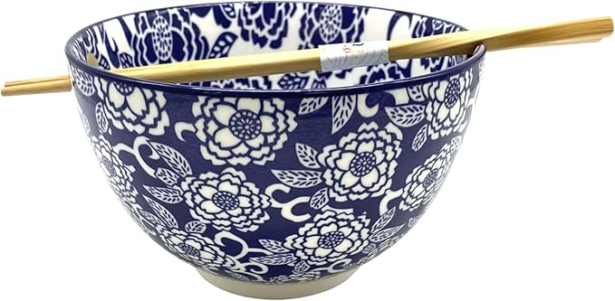Urban Tokyo Porcelain Japanese Motif Design Ramen Udon Noodle Rice Bowl With Chopsticks 20 fl oz 6 inch Diameter Bowl Sets Color Box Packaging (Botan Peony Flower)