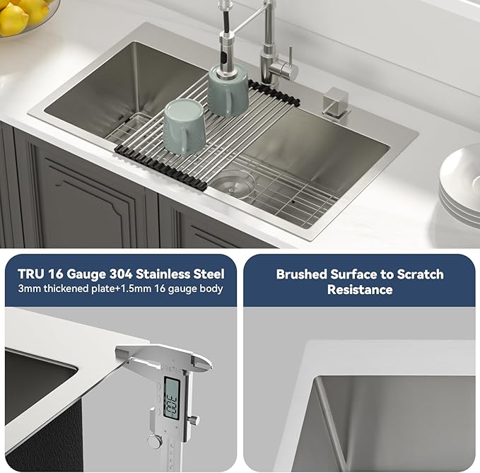 Lordear 33 Inch Drop in Kitchen Sink 33 x 19 Topmount Sink 16 Gauge Stainless Steel Single Bowl Deep Sink with Drain Strainer