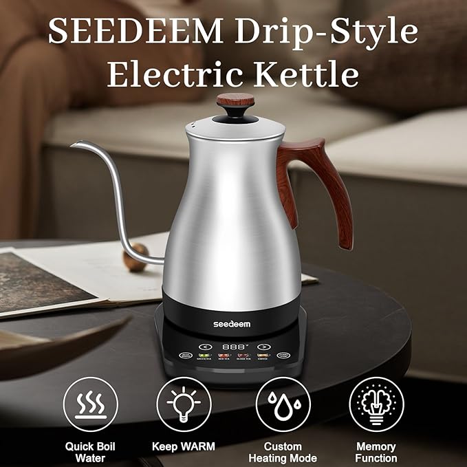 SEEDEEM Gooseneck Electric Kettle Full Touch Screen 1200W Electric Tea & Coffee Kettle with Four Heating Modes Rapid Heating,±1℉ Temperature Control，Keep Warm Mode,1L Electric kettle
