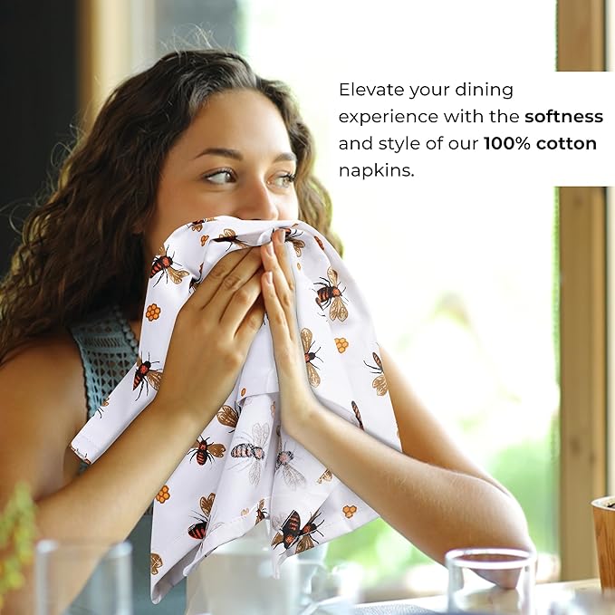 Urban Villa Dinner Napkins Honey Bee Print Cloth Napkins (Set of 12) Oversized 20x20 Inches 100% Cotton Premium Quality Soft Durable with Mitered Corners Reusable Washable Everyday Use Parties Napkins