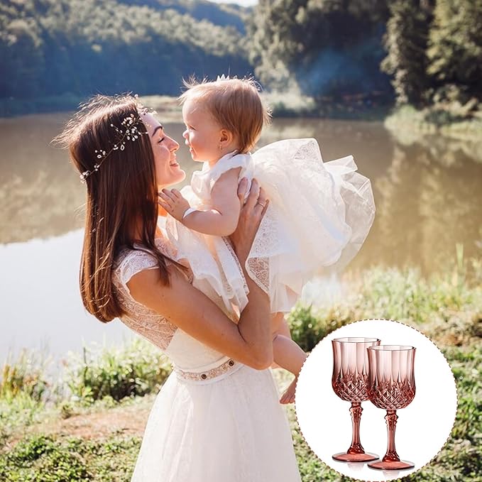 XUWAIDSGN 48 Pcs 7oz Plastic Vintage Wine Glasses Drinking Glasses Unbreakable Wedding Glassware Crystal Water Goblets Reusable Drinkware Vintage Champagne Flutes (48, Rose Gold)