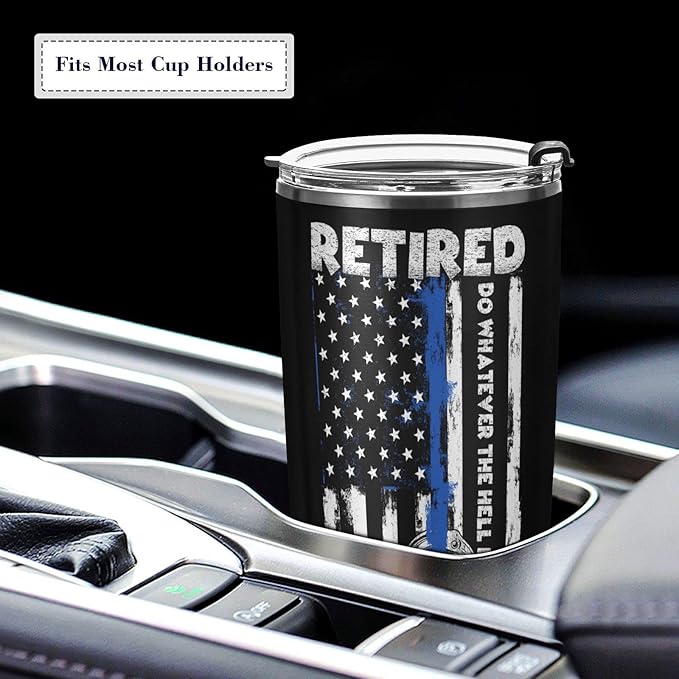 Retired Police Officer Tumbler - The Legend Has Retired American Flag Blue Line Retirement Gift for Men Dad - Stainless Steel Travel Mug 20oz