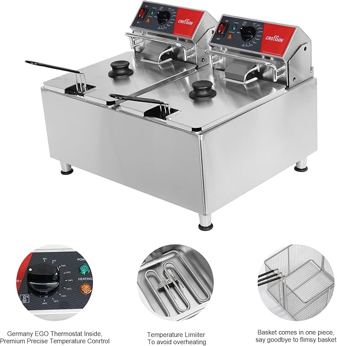 CROSSON ETL Listed 30Lbs Dual Tank Electric Commercial Deep Fryer with Solid Basket,Lid and Height Adjustable Legs for Restaurant Use,8L×2 Commercial Countertop Deep Fryer-120V/3600W(30Amps)