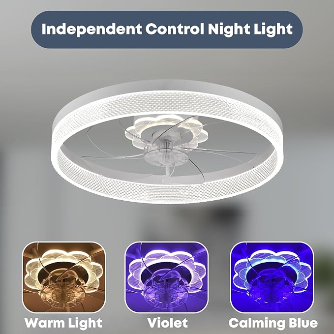 20‘’ Ceiling Fan with Light, Upgraded Low Profile Fan, Flush Mount Ceiling Fan, 6 Speeds, Dimmable LED, App & Remote Control, Quiet DC Motor, for Bedroom, Living Room, F093 White-D