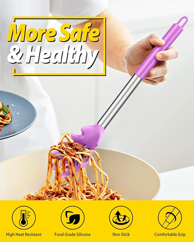 Pack of 2 Silicone Pasta Fork, Kitchen Heat Resistant Noodle Spoon Server, BPA Free Spaghetti Strainer, Best Cooking Tools (PINK-PURPLE)