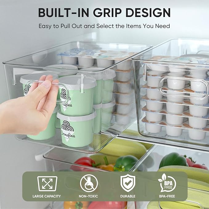BALEINE Clear Plastic Storage Bins, Pantry Organization, BPA Free Stackable Refrigerator Organizers and Storage with Handles for Kitchen Fridge Cabinet Bathroom (4PK, 9.5x5.5x4.5)