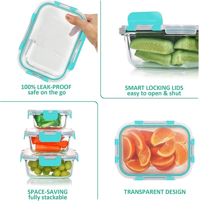 KOMUEE 24 Pieces Glass Food Storage Containers Set, Meal Prep Containers-Stackable Airtight Glass Storage Containers with lids,Freezer, Microwave, Oven Safe,Green