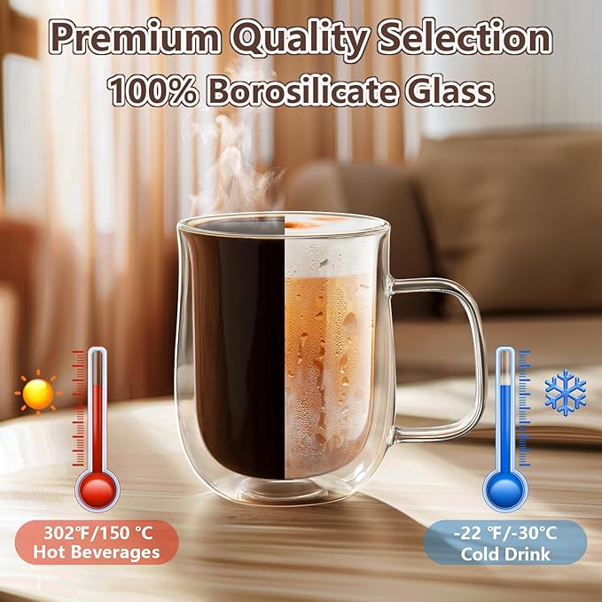 Double Walled Glass Coffee Mugs 12 oz, Glass Coffee Cups Set of 4 with Spoons, Clear Coffee Mug with Handles for Hot Beverages, Cappuccino, Latte, and Tea Bags.