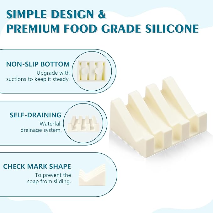 Self Draining Soap Dish,Silicone Suction Cup Soap Holder, Bathroom Soap Dish for Bar Soap,Can Extend Soap Life,Bathroom, Bath Tub, Kitchen Sink (1, Cream White)