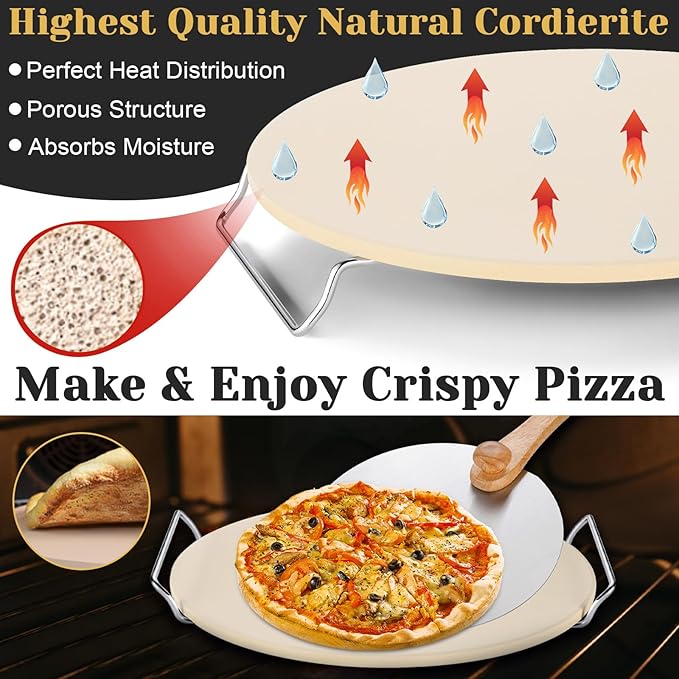 5-Piece Pizza Set: 13-Inch Round Pizza Stone for Oven & Grill with Rack, Cutter, Peel, Pan & Mini Mitts, Baking Stone for Bread