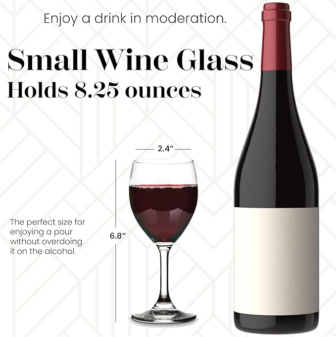 Vikko 8.5 Ounce Glass Wine Glasses Set of 12 - Small Stemmed Glasses for Red and White Wine, Clear, Thick and Durable