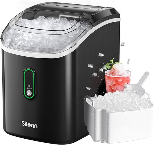 Silonn Nugget Ice Maker Countertop, Pellet Ice Machine with Self-Cleaning Function, Sonic Ice Maker Produces 33lbs of Chewable Ice in 24 Hours, Ideal for Home Kitchen and Office (Black)