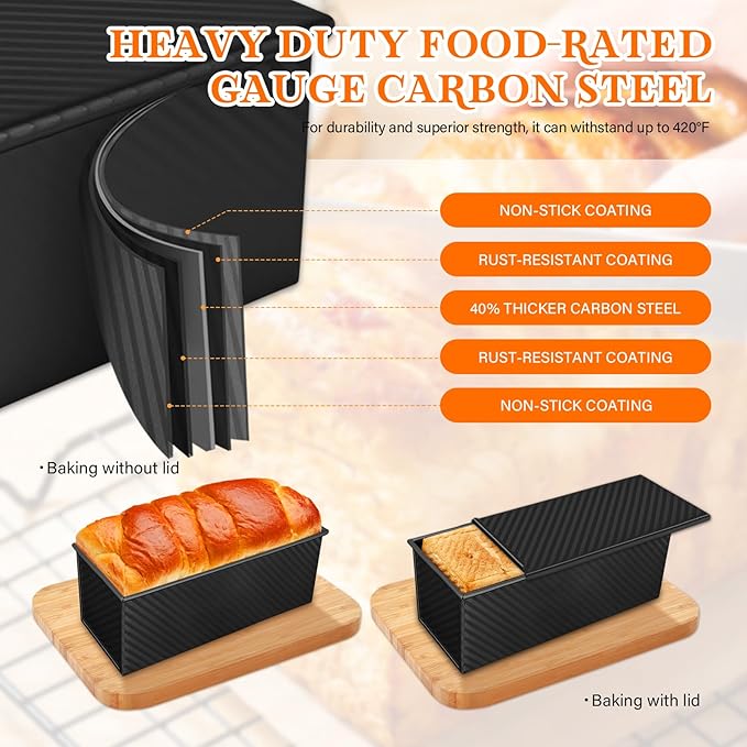Pullman Loaf Pan Set with Lids – 2 Pack Nonstick Bread Pans for Baking, 2.2lb & 1lb Dough Capacity, Carbon Steel Sandwich Toast Mold for Shokupan, Pain de Mie & Sourdough with Baking Tools