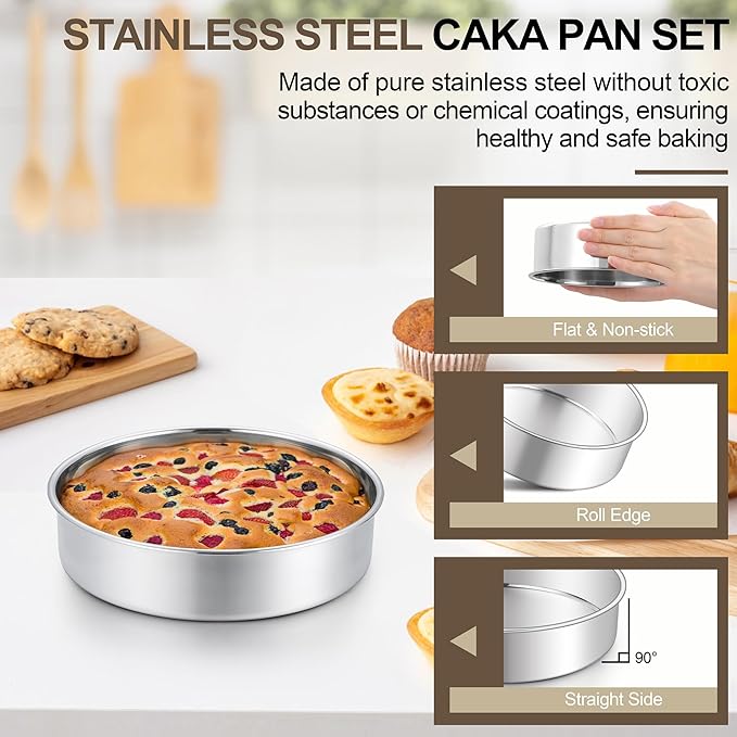 Homikit Round Cake Pan Set of 2, 8 Inch Stainless Steel Baking Layer Cake Pans, 2” Non Toxic Healthy Deep Nonstick Cake Tins, Leak-proof & Easy Releasing, Oven & Dishwasher Safe