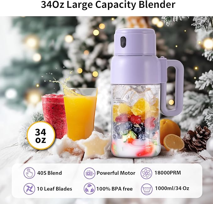 Portable Blender for Smoothies, 34oz Personal Size Mini Small Protein Shake Smoothie Blender, Cordless & BPA Free with Leakproof Lanyard Sip Lid (Purple)