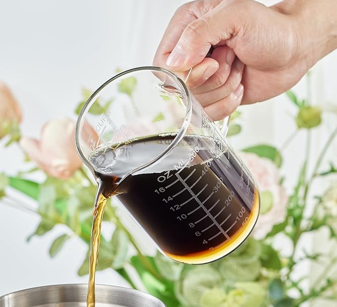 Ackers Mirror Etching Scale Glass Measuring Cup-[Insulated handle | V-Shaped Spout]-Made of High Borosilicate Glass Measuring Cup for Kitchen or Restaurant, Easy to Read, 500 ML (16 Oz, 2 Cup)