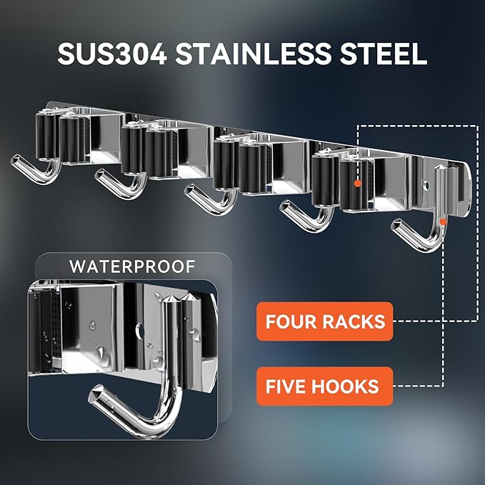 ZONGOOL 4 Racks and 5 Hooks Broom Holder Wall Mount Mop Hanger Wall Mounted Mop and Broom Storage Tool Rack Stainless Steel Garage Organization Garden Kitchen Home Laundry Organizer (Silver)