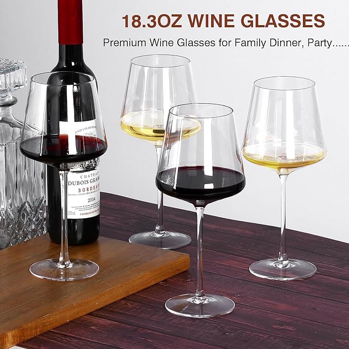 Wine Glasses Set of 4- Hand Blown Crystal, 18 oz Modern Glasses with Tall Stem for Red White Wine, Great Gift Packaging for Daily Use,Unique Wedding Anniversary or Birthday Gift