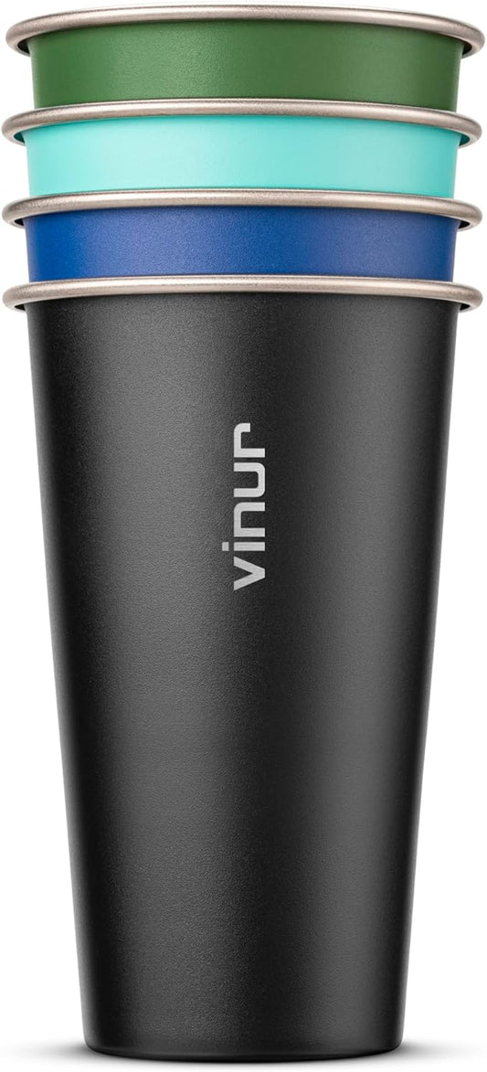 VINUR 4 Pack Stainless Steel Cups 20 oz Pint Tumbler Stackable Metal Drinking Glasses for Travel, Camping, Outdoors (Green-Black-Teal-Navy)