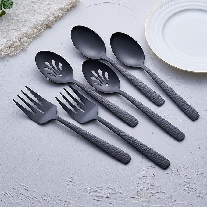Matte Black Serving Utensil Set, 9.5-inch Stainless Steel Large Serving Spoon and Serving Fork, Satin Finish