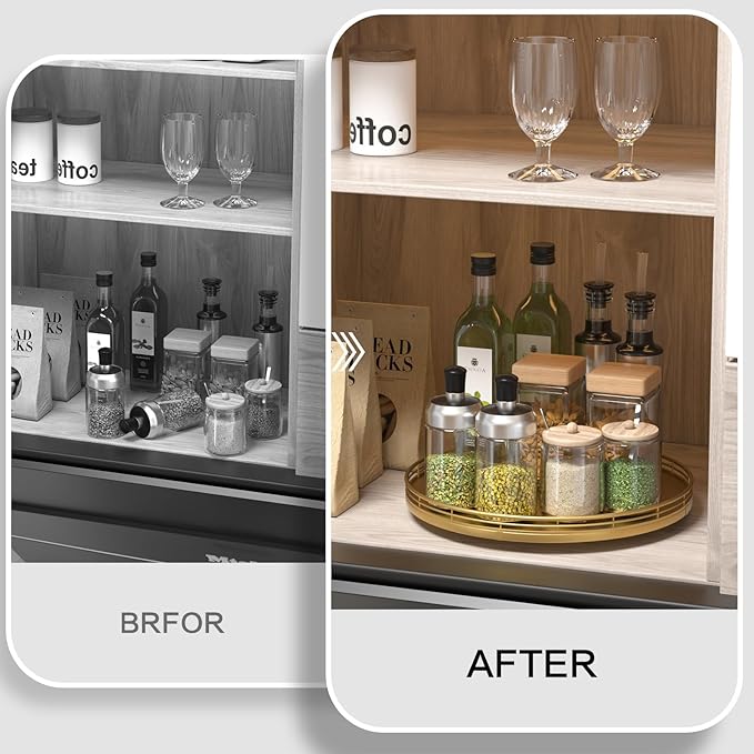 13" Gold Lazy Susan for Table Top, Oak Wood Lazy Susan Turntable Organizer for Dining Coffee Table Centerpiece Bar Decor Kitchen Countertop Bathroom Vanity Decorative Tray for Perfume Jewelry Round