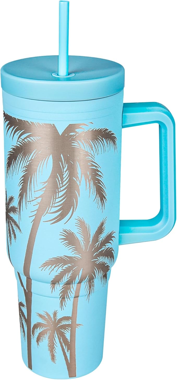 Engraved Palm Trees 40oz Insulated Tumbler with Handle, Lid & Straw - Use for Water, Tea, Coffee & More-Disabled USMC Vet Owned Small Business