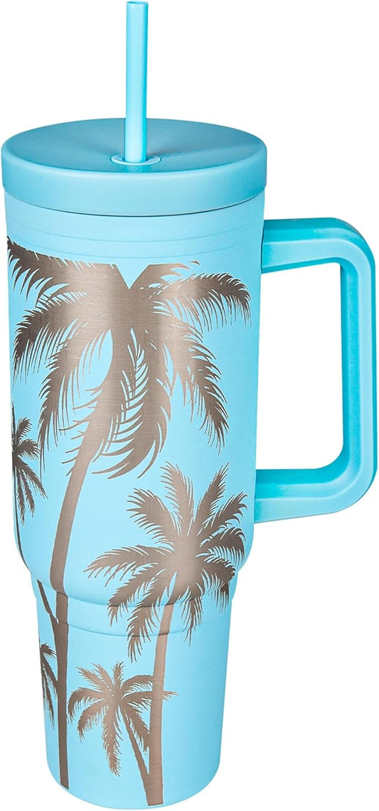 Engraved Palm Trees 40oz Insulated Tumbler with Handle, Lid & Straw - Use for Water, Tea, Coffee & More-Disabled USMC Vet Owned Small Business