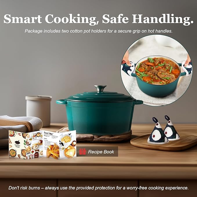 Overmont Enameled Cast Iron Dutch Oven - 4.5QT Pot with Lid Cookbook & Cotton Potholders - Heavy-Duty Cookware for Braising, Stews, Roasting, Bread Baking bottle green