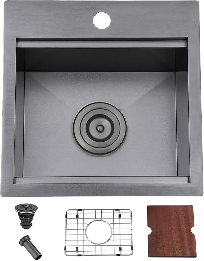 Black Bar Sink Drop In,15 x 15 Inch Gunmatel Black Single Bowl Small Kitchen Sinks,16 Gauge 304 Stainless Steel Topmount Wet Bar Sink Prep Sinks With Grid&Drain&Cutting Board