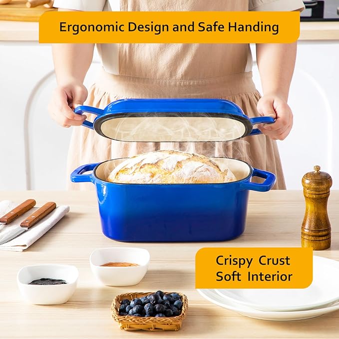 Velaze 3.6QT Dutch Oven for Bread Baking,Oval Cast Iron Enameled Bread Oven Pan with Lid and Offset Handles,Oven Safe to 500°F for Homemade Sourdough Bread(Blue)