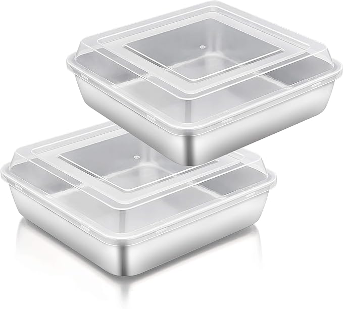 TeamFar Square Cake Pan with Lid (2 Pans & 2 Lids), 8 Inch Stainless Steel Square Baking Tray Cake Brownie Tin For Meal Prep Storage Transporting Food, Healthy & Sturdy, Dishwasher Safe