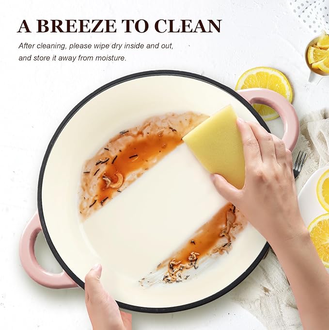 Overmont Enameled Cast Iron Dutch Oven - 5.5QT Pot with Lid Cookbook & Cotton Potholders - Heavy-Duty Cookware for Braising, Stews, Roasting, Bread Baking pink