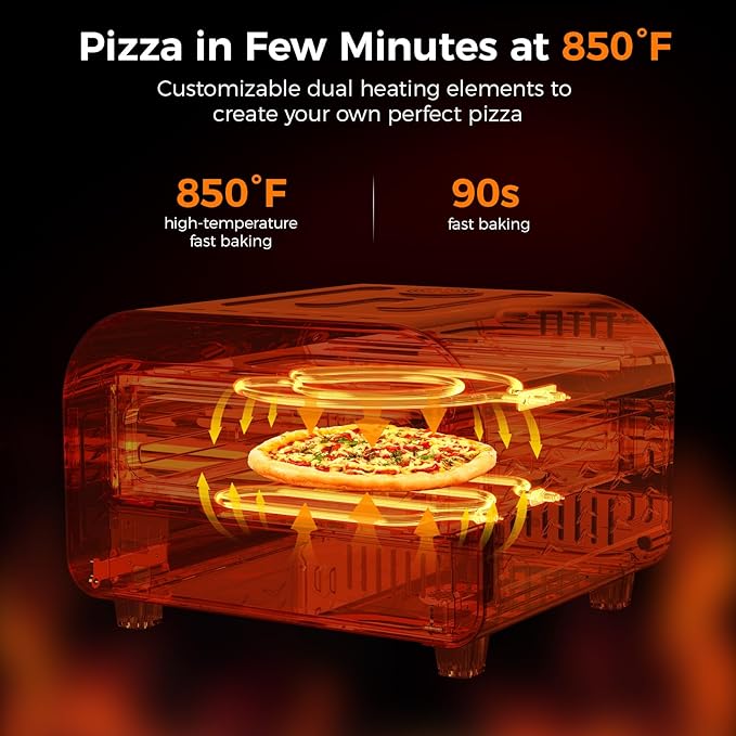 Pizza Oven Indoor, Makes 12 Inch Pizzas in 90s at 850°F, Countertop Electric Pizza Oven with Continuous Baking Without Reheating, Pizza Cooker with 6 Preset Modes, Pizza Stone & Peel Included