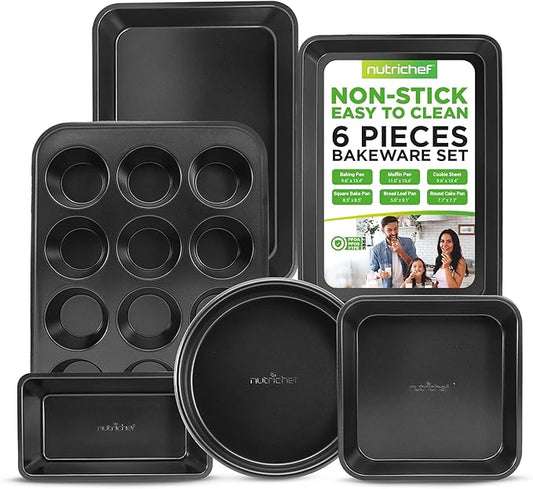 NutriChef Stackable Non-Stick Baking Pan Set – Carbon Steel Bakeware Set w/ Cookie Sheet, Muffin & Loaf Pan, Double Coated for Easy Release, Oven & Dishwasher Safe, Resists Warping, – Easy to Clean
