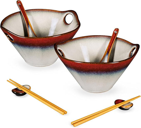 HENXFEN LEAD Japanese Ramen Noodle Bowl Set of 2-30 Oz Large Porcelain Salad Bowls with Chopsticks, Soup Spoons and Rests, Kitchen Serving Dishes for Pho, Udon - Reactive Red