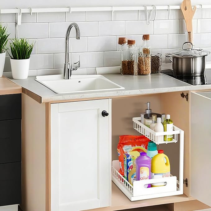 VUSIGN Under Sink Organizer, 2 Tier Pull Out Bathroom Cabinet Organizer, Under Kitchen Sink Organizers and Storage, Under Sink Shelf,2 Pack, White
