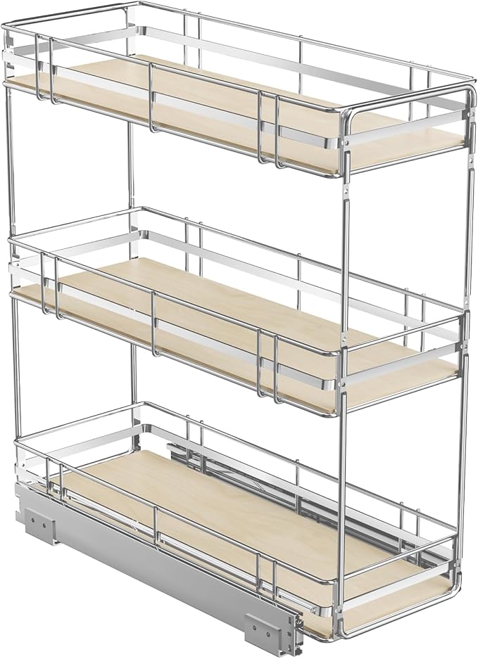ROOMTEC 3-Tier Pull Out Cabinet Organizer Spice Rack for Narrow Cabinet 9" W x 20½" D, Slide Out Wood Shelves Storage for Kitchen