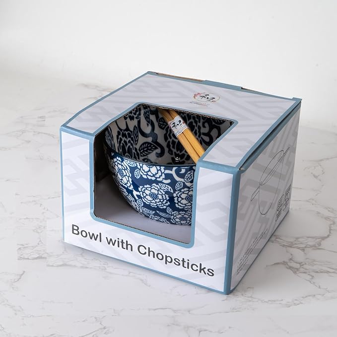 Urban Tokyo Porcelain Japanese Motif Design Ramen Udon Noodle Rice Bowl With Chopsticks 20 fl oz 6 inch Diameter Bowl Sets Color Box Packaging (Botan Peony Flower)