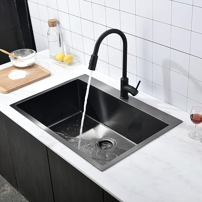 30 Inch Black Drop in Kitchen Sink, 30x18 Inch Gunmetal Black Single Bowl Stainless Steel Basin Topmount Kitchen Sink, 16 Gauge Metal Sink with Strainer