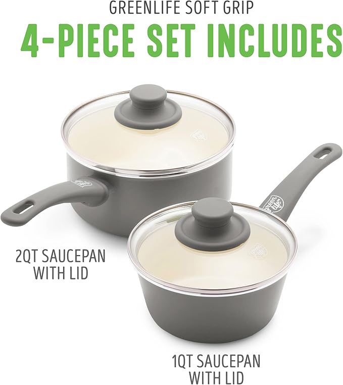 GreenLife Soft Grip 1QT and 2QT Saucepan Set, Healthy Ceramic Nonstick, Non Toxic PFAS & PFOA-Free, Dishwasher Safe, Glass Lids, Stay-Cool Handles, Easy Clean Cookware, Kitchen Essentials, Gray