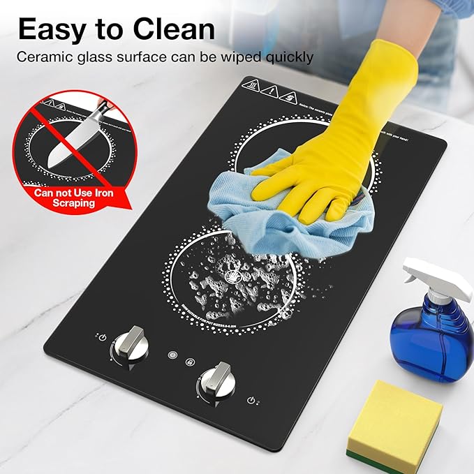 2 Burner Electric Cooktop - 12 Inch Electric Stove Top with Plug, 2100W Countertop Burners & Built-In Stove Top, 9 Levels of Power, Knob Control, Timer & Kid Safety Lock, Residual Heat Warning