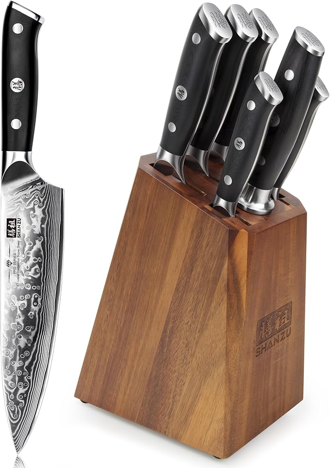 SHAN ZU Damascus Kitchen Knife Set, 7-Piece Professional Knife Sets for Chefs, Japanese Super Steel Damascus Kitchen Knife Set With G10 Handle Knife Block Set