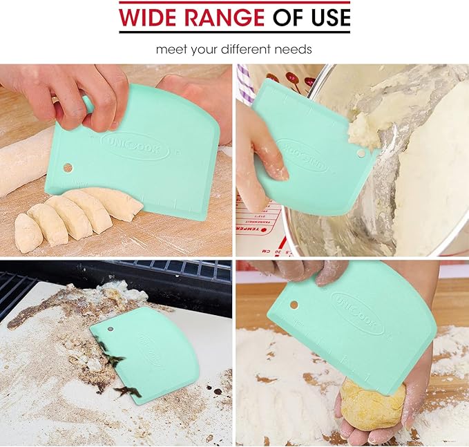 Unicook Dough Scraper Cutter, Flexible Plastic Bench Scraper for Baking Pizza/Pastry/Cake, Multipurpose Baking Tools with Measuring Scale, 2 Pack