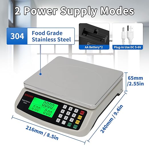 Commercial Food Scale 40KG Large Digital Kitchen Scale Baking Cooking Bread Meat Weight Price Computing Scale Stainless Steel Parts and Coins Counting Scale for Deli Stores Tare Function