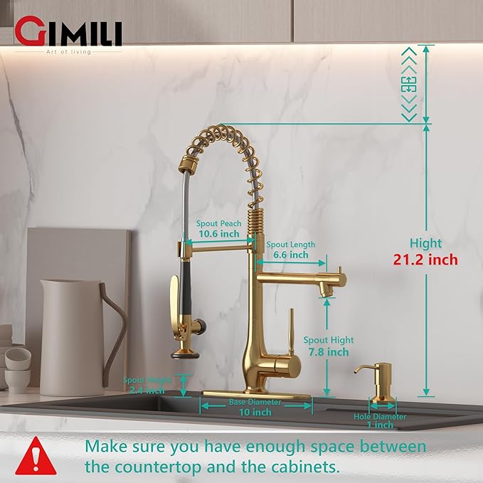 GIMILI Commercial Kitchen Faucet with Pull Down Sprayer, Double Headed Single Handle High Pressure Kitchen Faucet with Soap Dispenser Brushed Gold